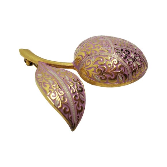Vintage Estate Pink Enamel Damascene Cherry Brooch Gold Tone 2 1/8" Fruit Pin - Picture 5 of 9